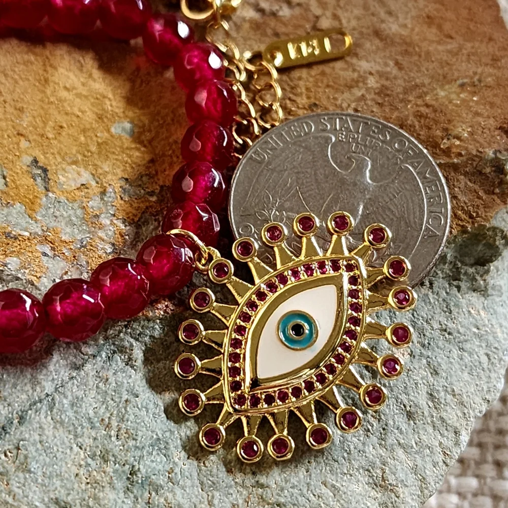 Natural Raw Garnet Stone Hypoallergenic Jewelry 14K Gold plated Eye Pendant